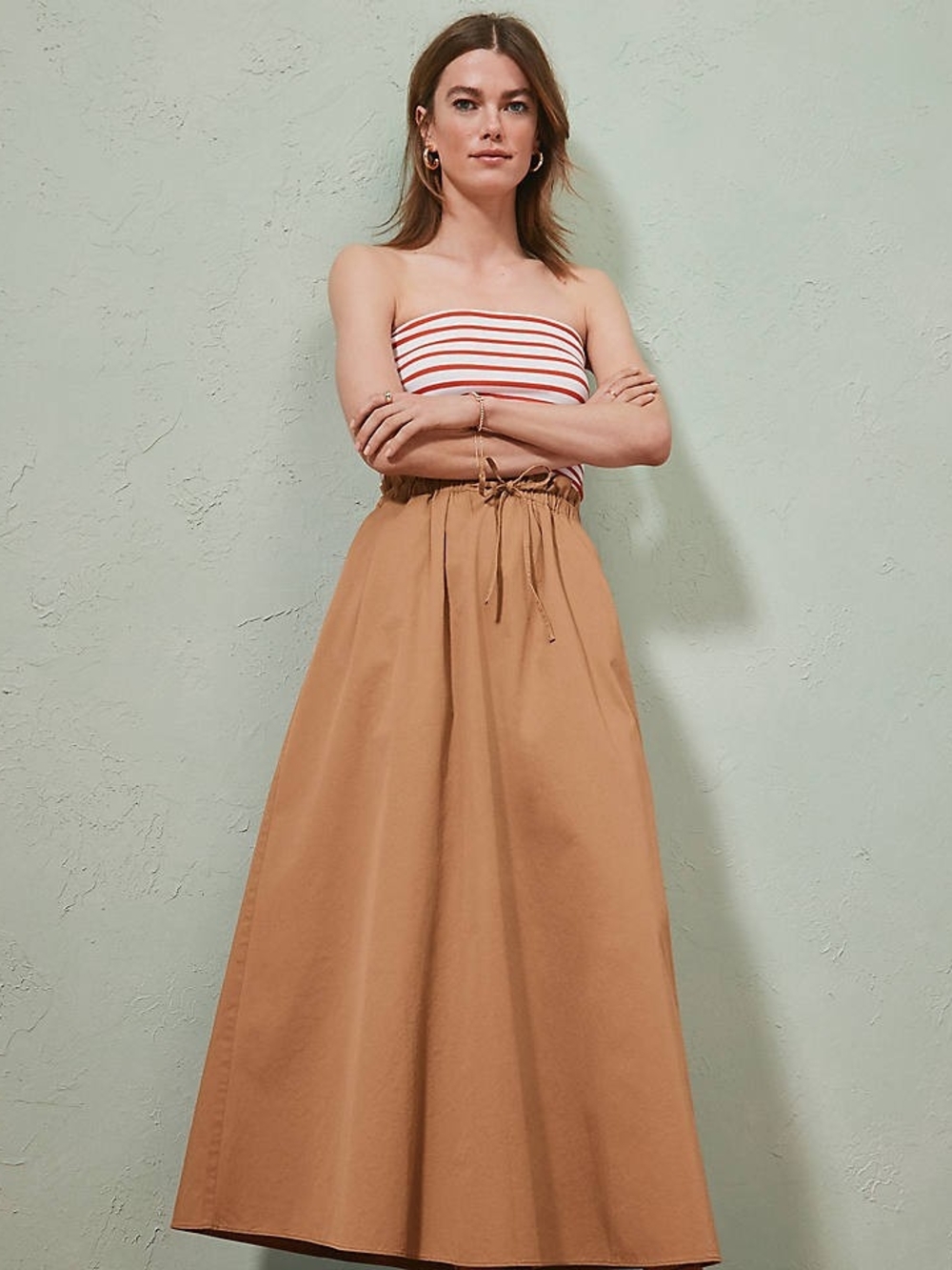 LOFT Camel High-Rise Paper Bag Waist Drawstring Cotton Maxi Skirt, Size Small
